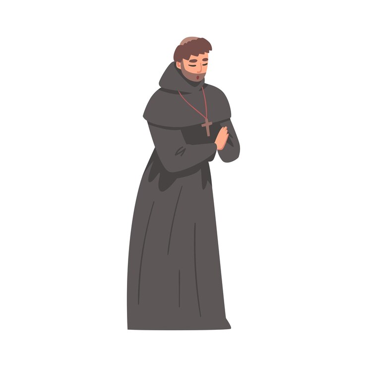 Vector hombre medieval sacerdote o monje con túnica con capucha orando ilustración vectorial