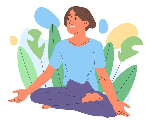 Hombre meditando Chico de dibujos animados en posición de loto asana de yoga y entrenamiento de respiración pacífico relajante persona masculina tranquila practicando yoga ilustración de vector plano aislado sobre fondo blanco