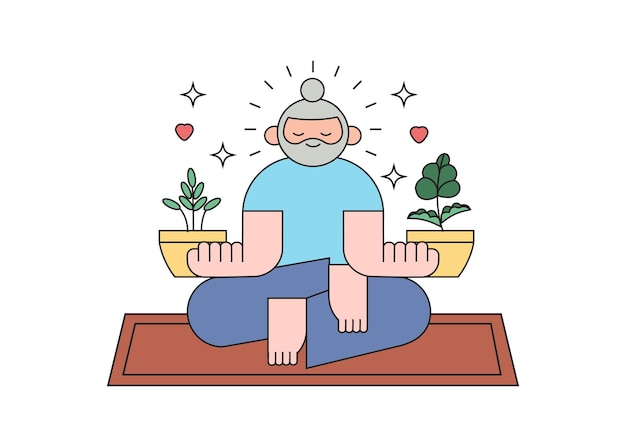 Hombre meditando en la naturaleza y las hojas Ilustración conceptual para yoga meditación relajación recreación