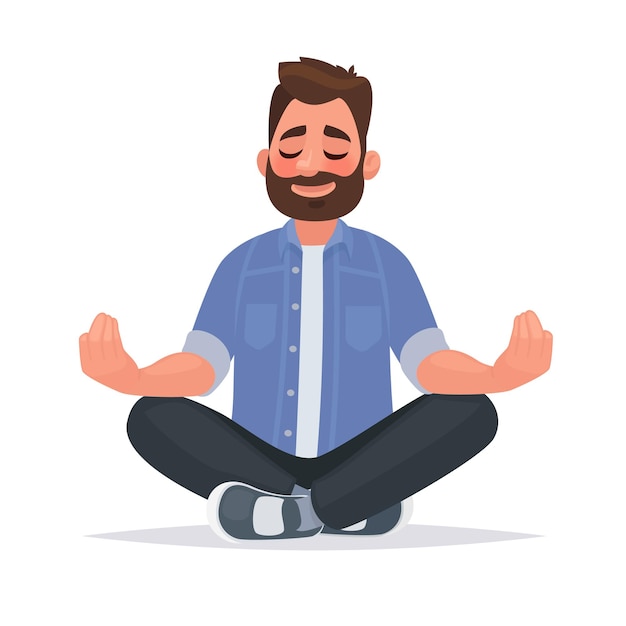 Hombre meditando sobre aislado. Mantenga la calma. en estilo de dibujos animados
