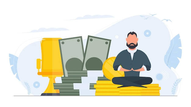 El hombre está meditando sobre el fondo del dinero. hombre de negocios haciendo yoga. gran pila de dólares y monedas de oro. vector.