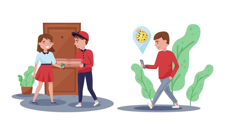 Vector hombre mensajero entregando caja de pizza al cliente como conjunto de vectores de servicio de entrega de alimentos en línea