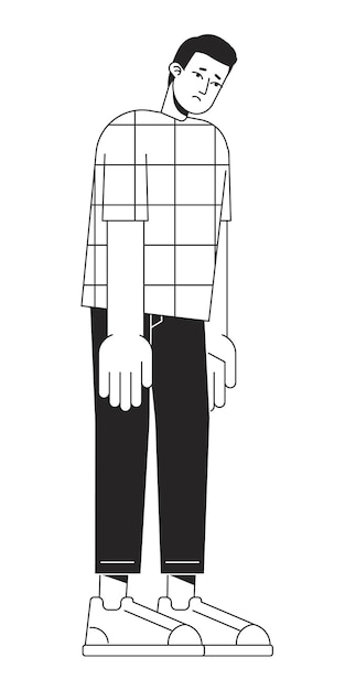 Hombre mentalmente exhausto con la cabeza inclinada hacia abajo, carácter vectorial blanco y negro de línea plana
