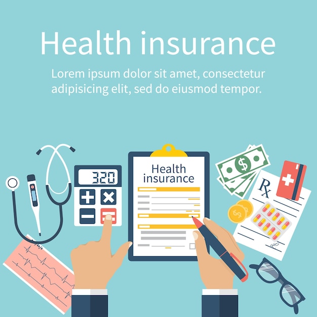 El hombre en la mesa llena el formulario de seguro de salud Concepto de atención médica Ilustración vectorial estilo de diseño plano Planificación de la vida Formulario de reclamo Equipo médico dinero medicamentos recetados