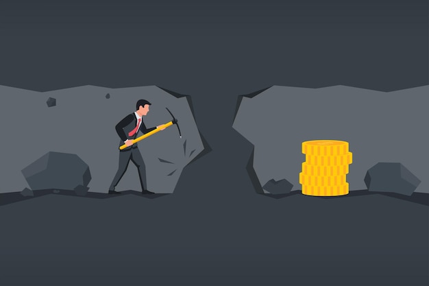 Hombre minas de dinero Trabajo pesado para el ingreso Vector Hombre con un pico en una cueva Cerca de la meta