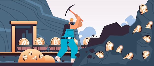 Hombre minero cavando y extrayendo bitcoins en la mina cueva minería monedas criptográficas concepto de cadena de bloques de criptomoneda digital ilustración vectorial horizontal de longitud completa