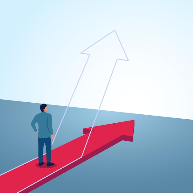 Un hombre mira una flecha que cambia de dirección hacia arriba una ilustración metafórica para mejores cambios cambiando oportunidades y estrategias de negocio