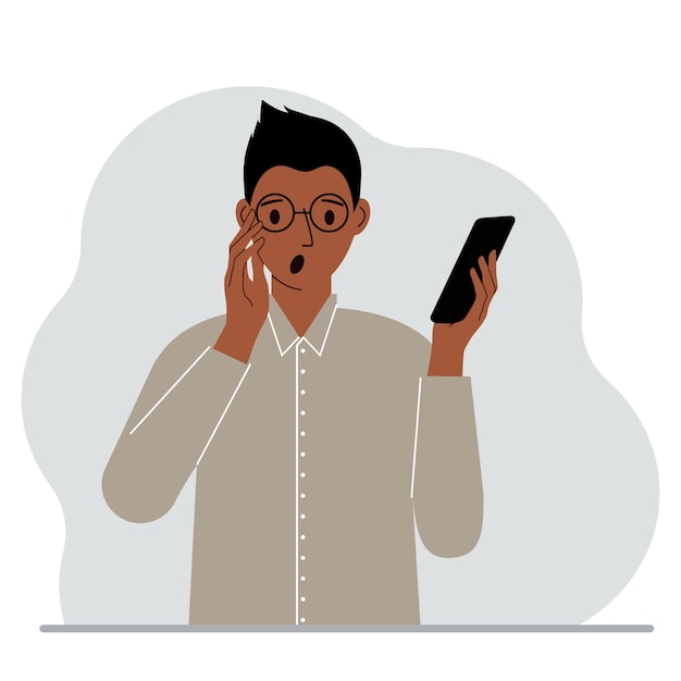 Un hombre mira un teléfono móvil. Un hombre con la boca abierta mira el teléfono que tiene en la mano. Vector