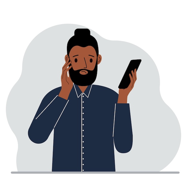 Un hombre mira un teléfono móvil. Un hombre mira con tristeza el teléfono que tiene en la mano. Vector