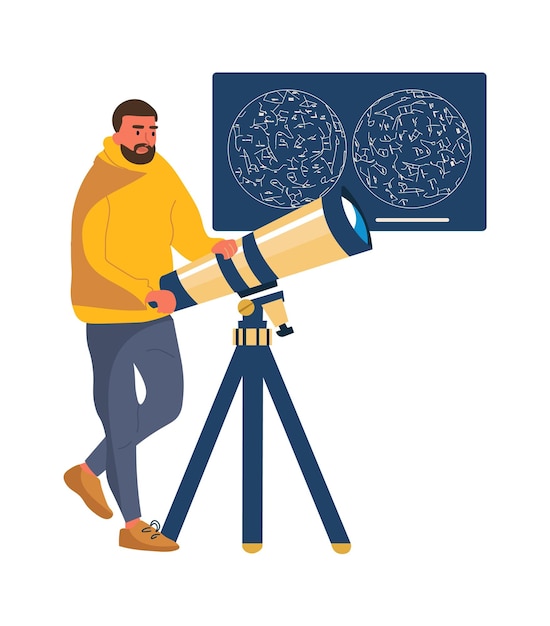 El hombre mira a través del telescopio Hombre de dibujos animados estudiando estrellas Pasatiempo en el hogar Gráfico de constelaciones astronómicas colgado en la pared Investigación científica del cielo estrellado en la noche Actividades vectoriales