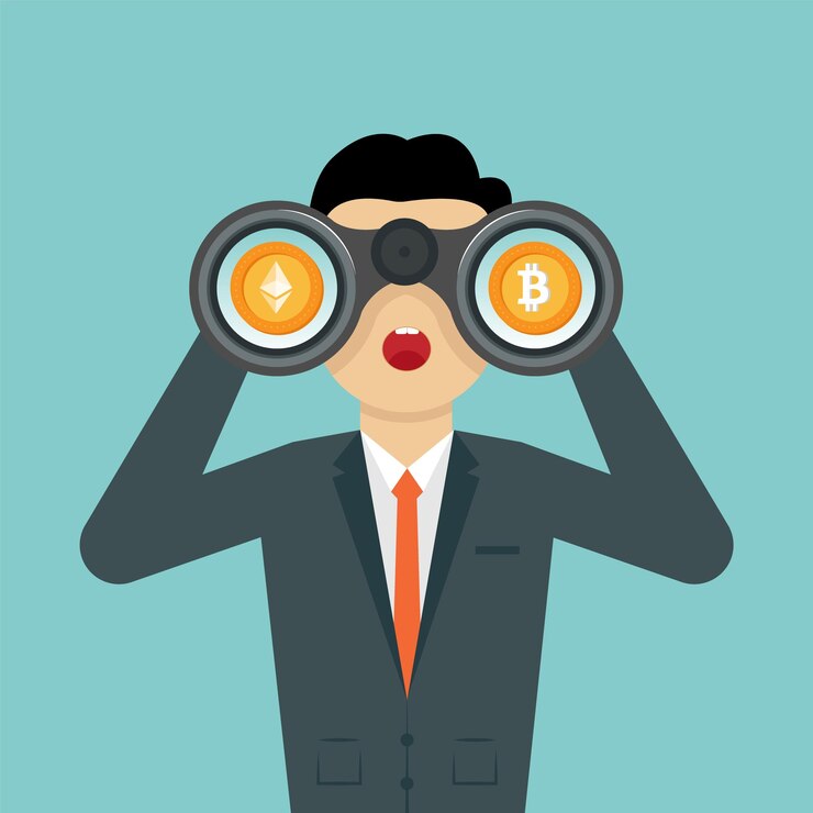 Hombre mirando crypto a través de binoculares