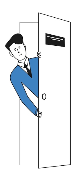 Hombre mirando desde detrás de la puerta. Persona asomando