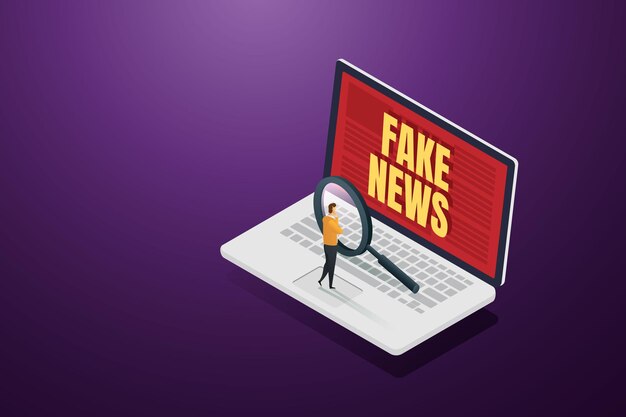 Hombre mirando hechos con una lupa para noticias falsas en línea en una computadora portátil