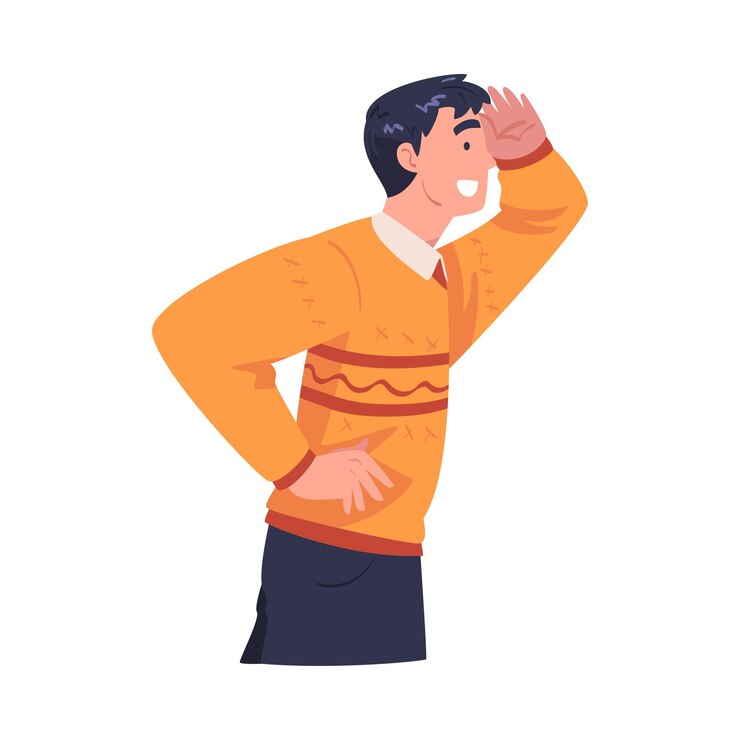 Vector hombre mirando lejos a algo interesante sosteniendo la mano cerca de la frente ilustración vectorial