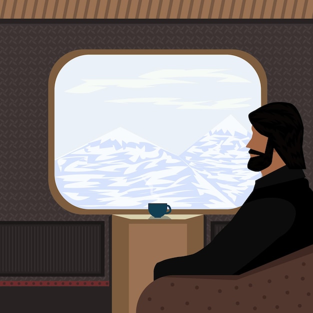 Vector un hombre está mirando la naturaleza a través de la ventana de una ilustración de tren. ilustración de la ventana del tren.