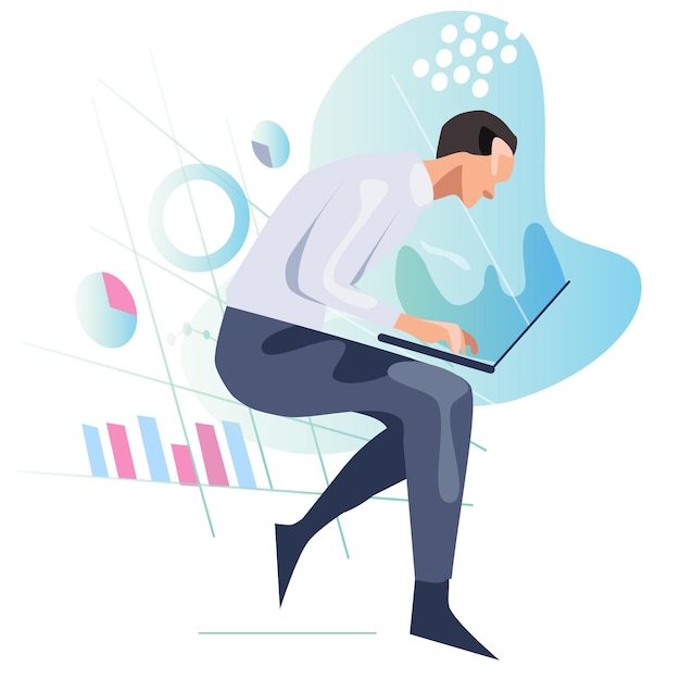 Hombre mirando la pantalla de su portátil analizando datos y gráficos Concepto de información estadística