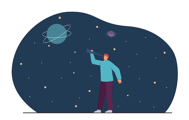 Hombre mirando planetas a través de un catalejo por la noche. cielo nocturno con estrellas y planetas ilustración vectorial plana. astronomía, ciencia, educación, concepto de espacio para banner, diseño de sitios web o página web de destino