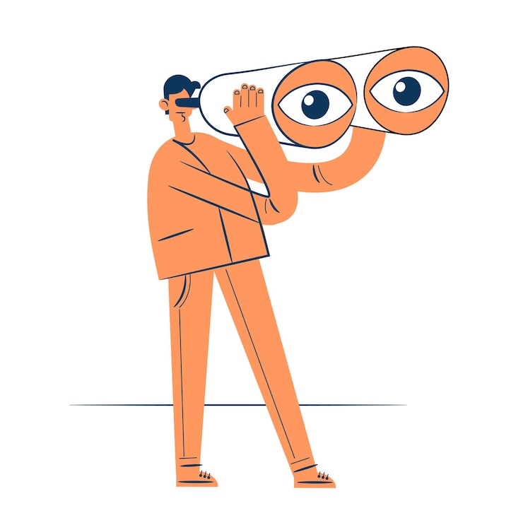 Vector hombre mirando a través de binoculares concepto de búsqueda de objetivo empresarial estrategia visión o