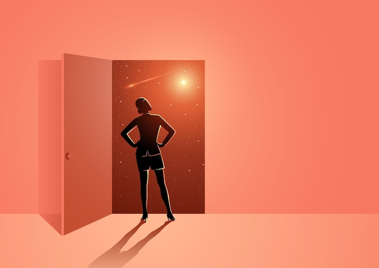 Vector hombre mirando a través de la puerta abierta para ver la inmensidad del espacio exterior