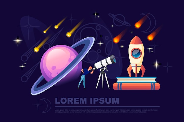 Hombre mirando a través de un telescopio blanco con estrellas fugaces en el banner horizontal del diseño del planetario de la ilustración del vector plano del fondo del cielo nocturno.
