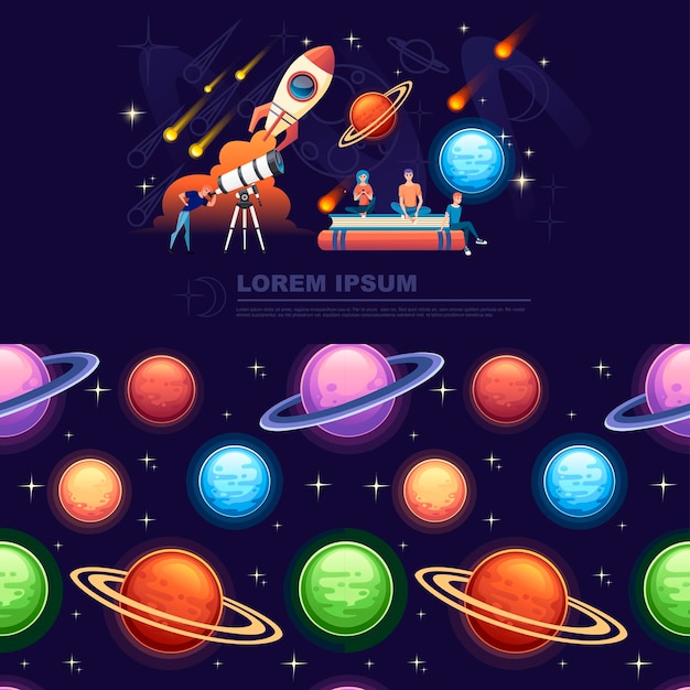 Hombre mirando a través de un telescopio blanco con estrellas fugaces en el banner horizontal del diseño del planetario de la ilustración del vector plano del fondo del cielo nocturno.