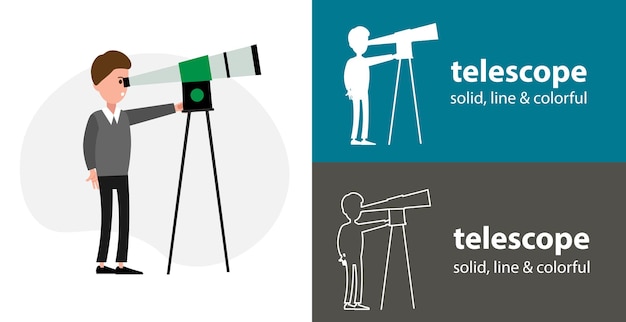 Hombre mirando a través del telescopio vector aislado icono plano silueta línea elemento de diseño sólido