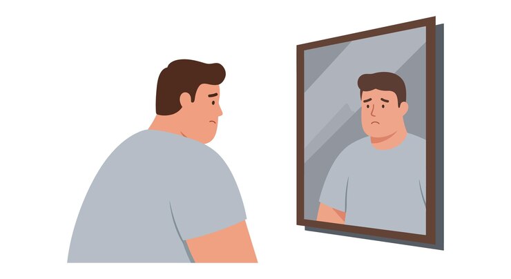 Vector hombre mirándose en el espejo con emociones cambiantes ilustración vectorial plana