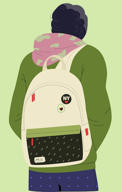 Vector hombre con mochila concepto joven en ropa casual con bolso beige tendencia y estilo de moda