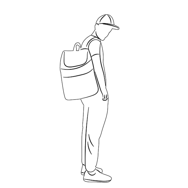 hombre con mochila contorno vector boceto