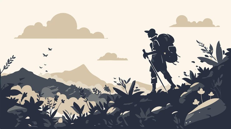 un hombre con una mochila en la espalda se encuentra en la cima de una montaña con montañas en el fondo