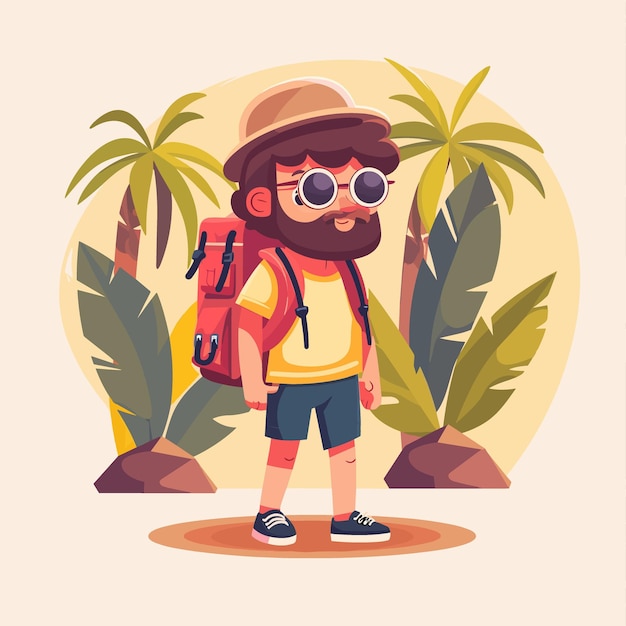 Vector un hombre con una mochila y gafas de sol está de pie en una jungla