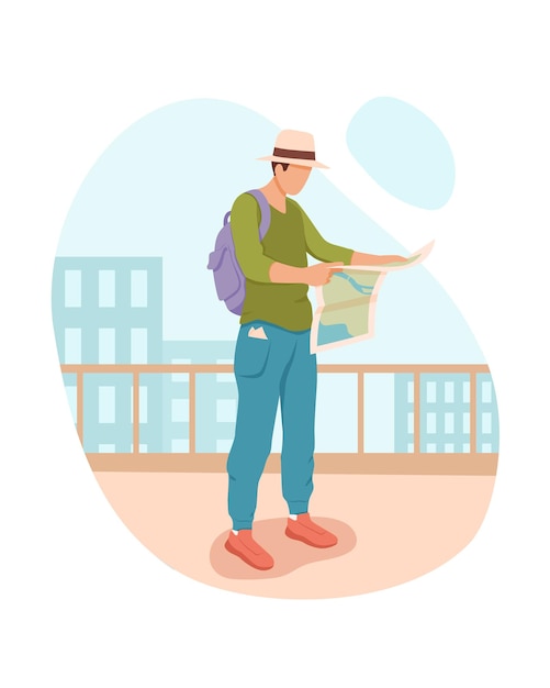 Hombre con mochila parado afuera sosteniendo un mapa Turista en viajes de vacaciones caminando en lugares interesantes Concepto de turismo Ilustración de dibujos animados vectoriales en colores azul y verde