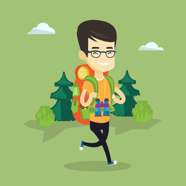 Hombre con mochila senderismo ilustración.
