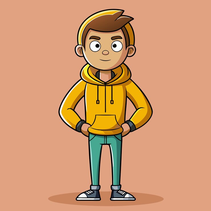 Vector hombre de moda con capucha amarilla manos en los bolsillos ilustración vectorial de dibujos animados