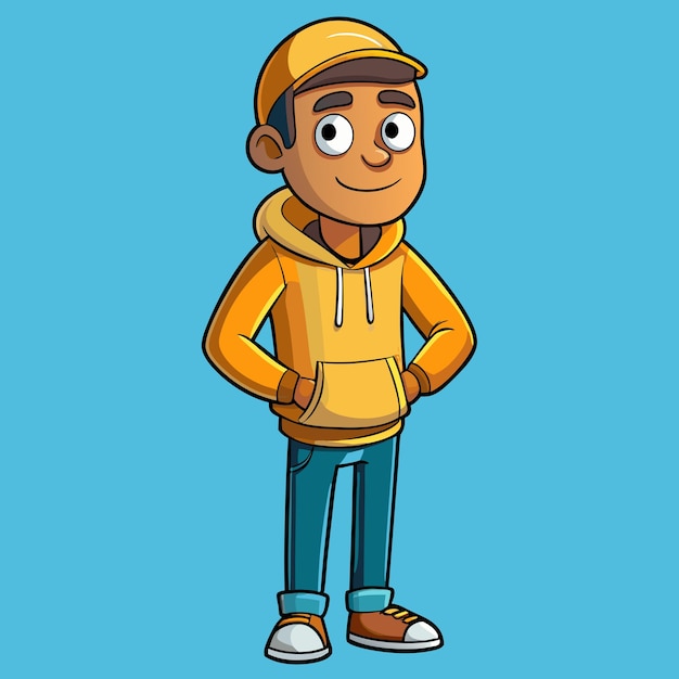 Hombre de moda con capucha amarilla con pantalones vaqueros ajustados diseño vectorial de dibujos animados