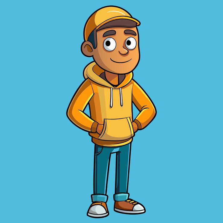 Vector hombre de moda con capucha amarilla con pantalones vaqueros ajustados diseño vectorial de dibujos animados