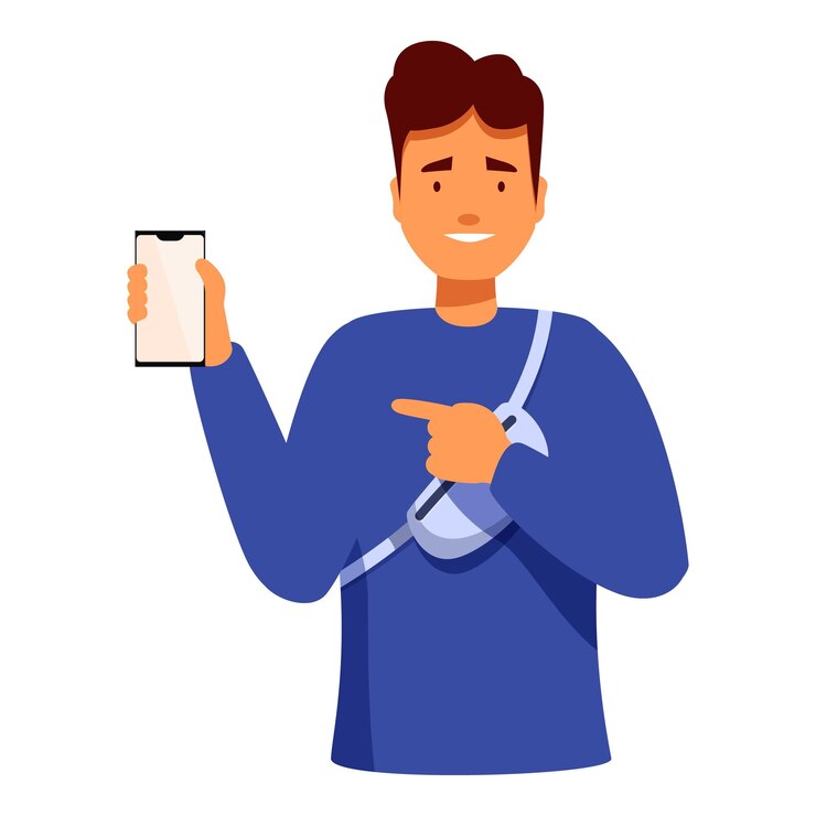 Hombre de moda sonriente mostrando la pantalla de su teléfono inteligente y señalándola