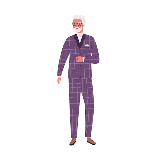 Hombre moderno envejecido con traje elegante. Personaje masculino mayor de pie en traje de moda. Ilustración vectorial plana del viejo hombre de negocios barbudo con gafas. Persona segura de moda aislada en blanco.