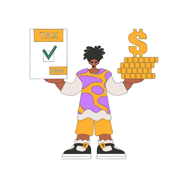 Vector un hombre moderno tiene un formulario de impuestos y monedas en sus manos el tema del pago de impuestos
