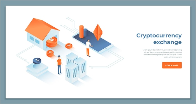 Hombre moneda dinero moneda tecnología del ciberespacio procesamiento bancario página de destino isométrica ilustración vectorial Intercambio de criptomonedas marketing financiero transacción de comercio casarse publicidad