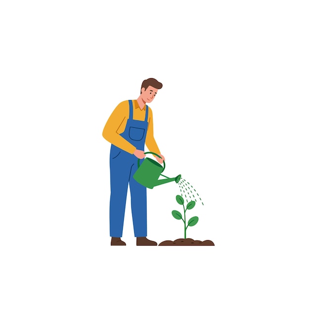 Un hombre en mono azul regando una pequeña planta verde que muestra un estilo de diseño plano en el arte vectorial