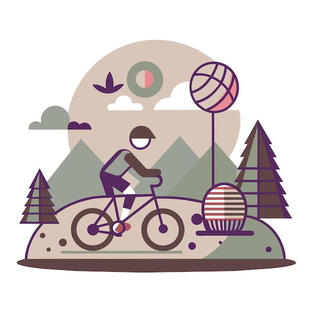 un hombre monta una bicicleta frente a un bosque con una canasta y una pelota en la parte superior