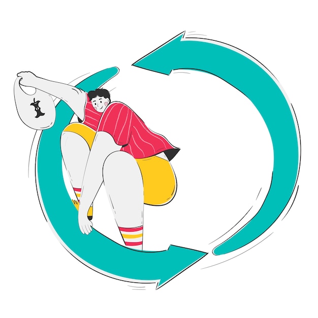 El hombre monta como una patineta en el logotipo de reciclaje y lleva una bolsa de comida sobrante