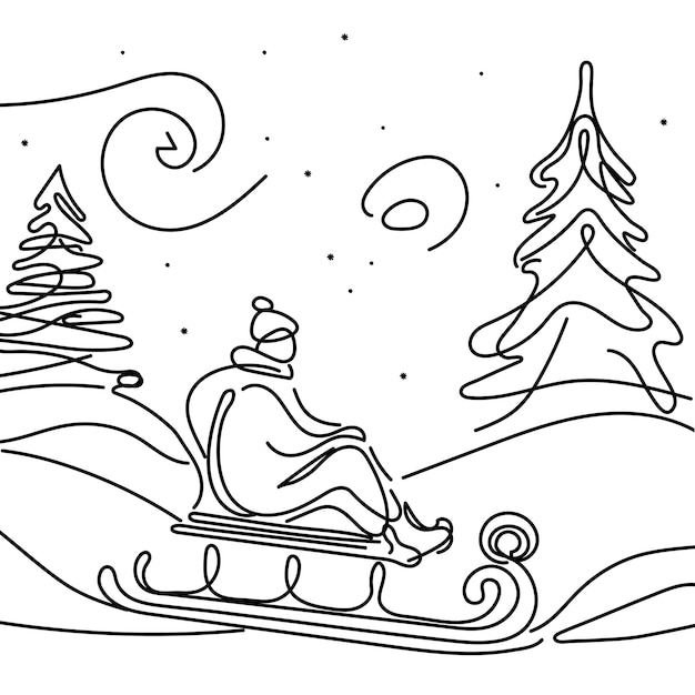 un hombre monta un trineo una línea de arte vector ilustración composición de invierno