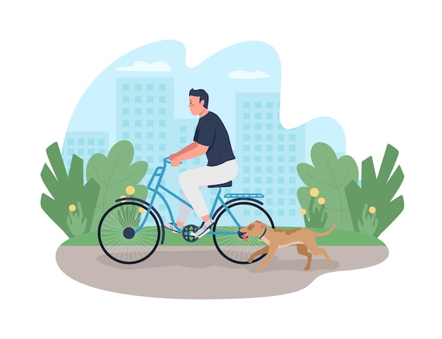 Hombre montado en bicicleta con perro corriendo cerca de banner web 2d, cartel