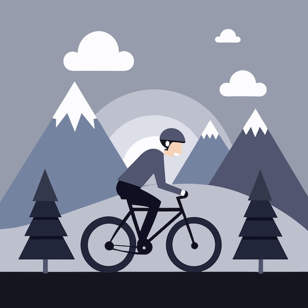 un hombre montando una bicicleta frente a una montaña con montañas cubiertas de nieve en el fondo
