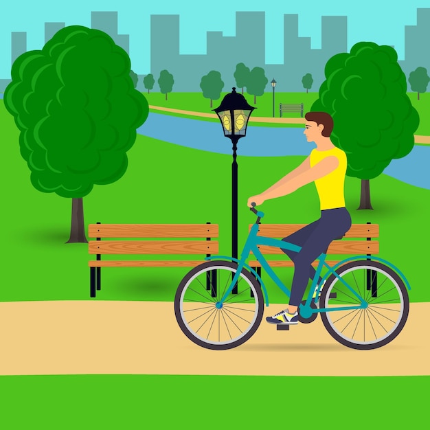 Hombre montando una bicicleta en el hermoso parque de la ciudad Vector ilustración plana