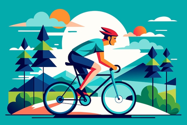 un hombre montando una bicicleta con un paisaje de montaña en el fondo