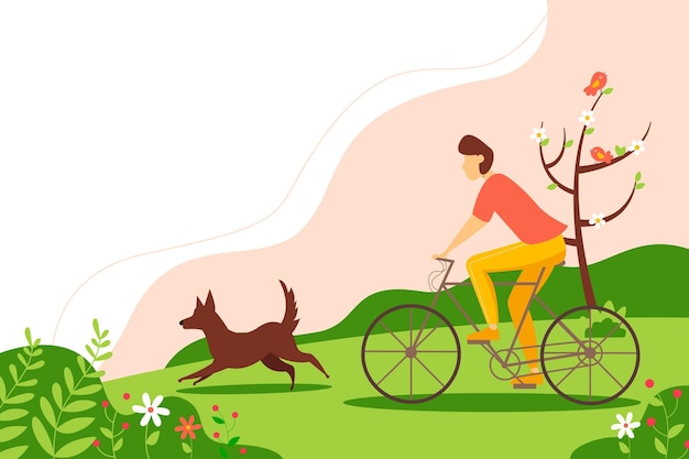 Hombre montando una bicicleta en el parque con un perro Paisaje primaveral en un estilo plano Ilustración vectorial