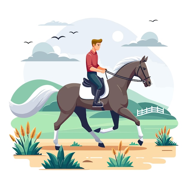 Vector un hombre montando un caballo con un caballo y las palabras el caballo en él